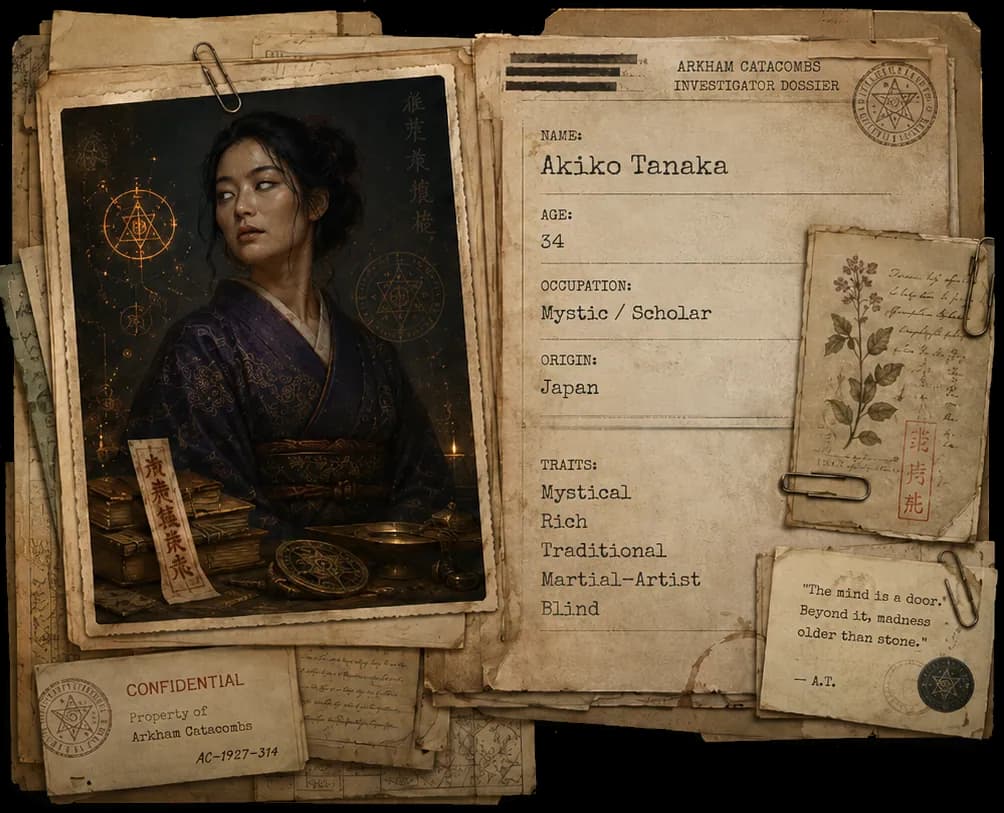 An investigator dossier: a paper-clipped case file for Akiko Tanaka, 34, mystic and scholar, with her portrait, traits and a quoted line, stamped Confidential